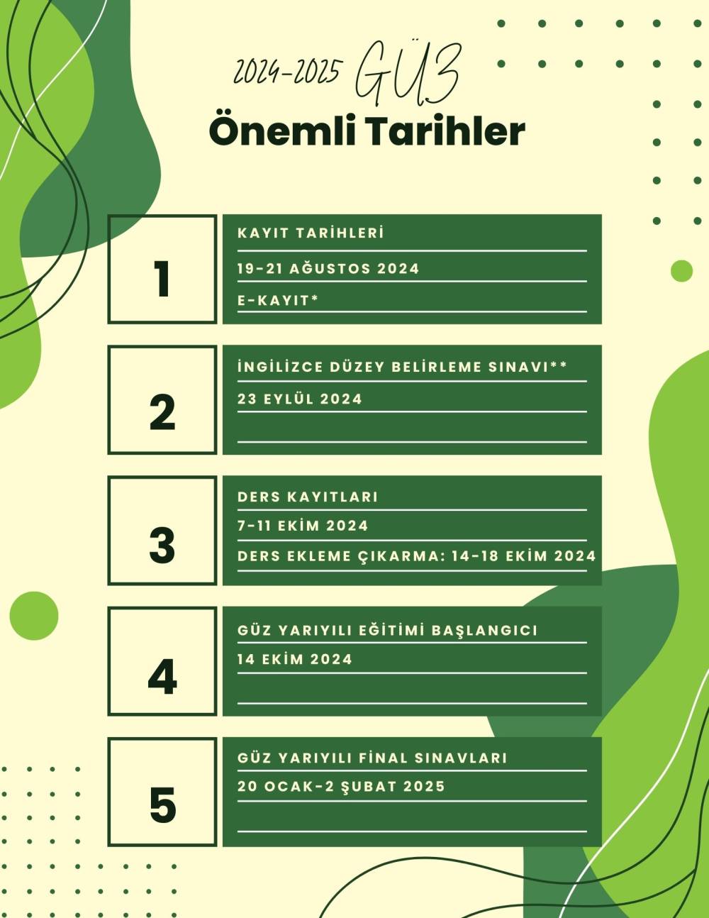 2024-2025 Eğitim Öğretim Yılı Güz Yarıyılı için Önemli Tarihler