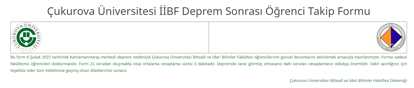 Çukurova Üniversitesi İİBF Deprem Sonrası Öğrenci Takip Formu
